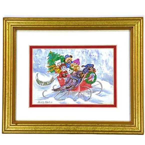 Pair Helen Paul Winter Christmas 11.5" x 9.5" Gold Framed Art Prints Teddy Bears - Picture 8 of 12